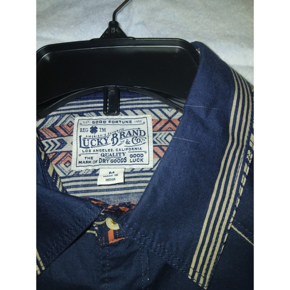 Lucky Brand Men's Navy Beige Orange Aztec Print Pearl Snap Stretch Shirt Medium - Picture 9 of 10